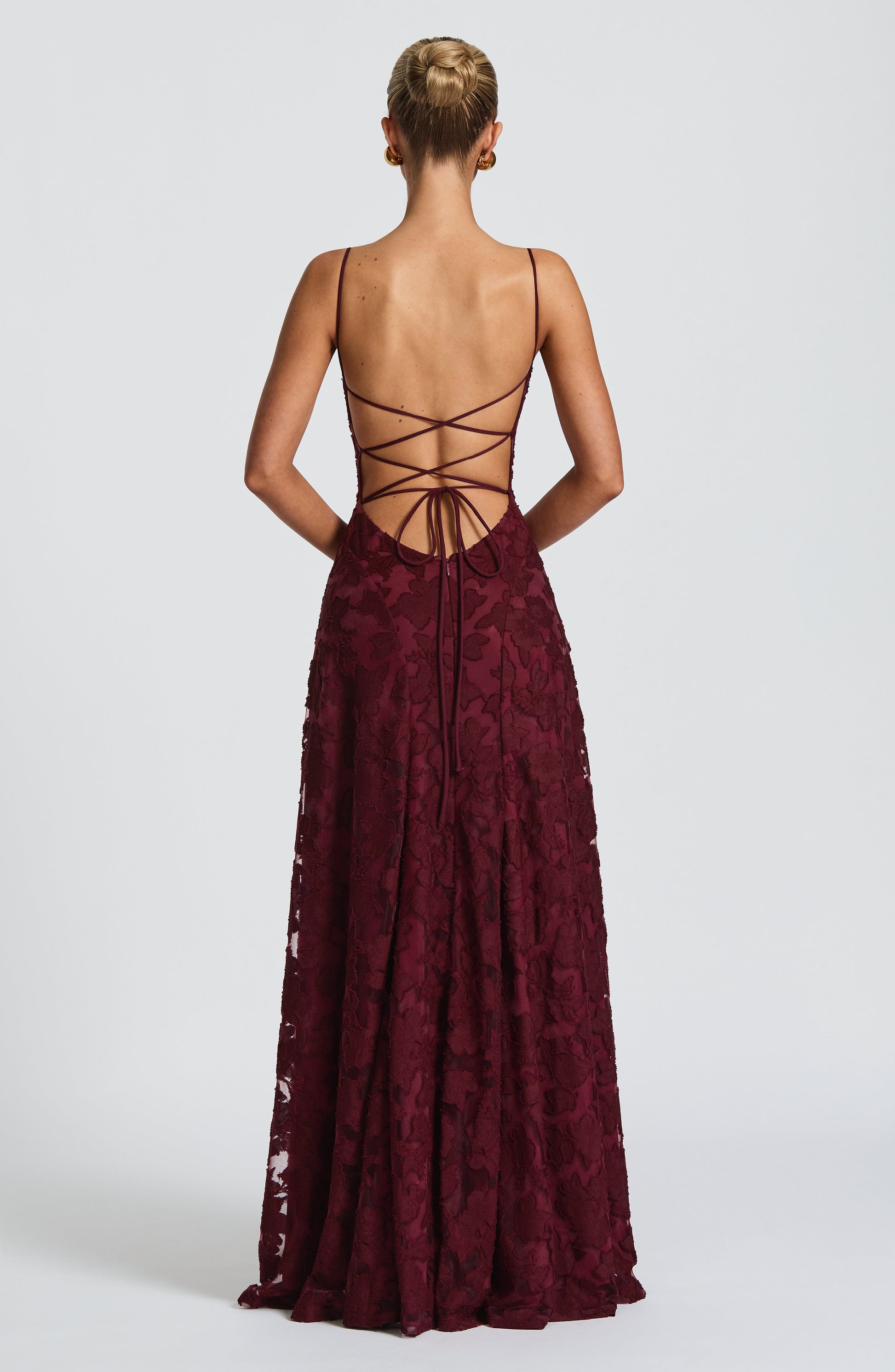Floral Lace Maxi Dress – A-Line Spaghetti Strap Open Back Gown