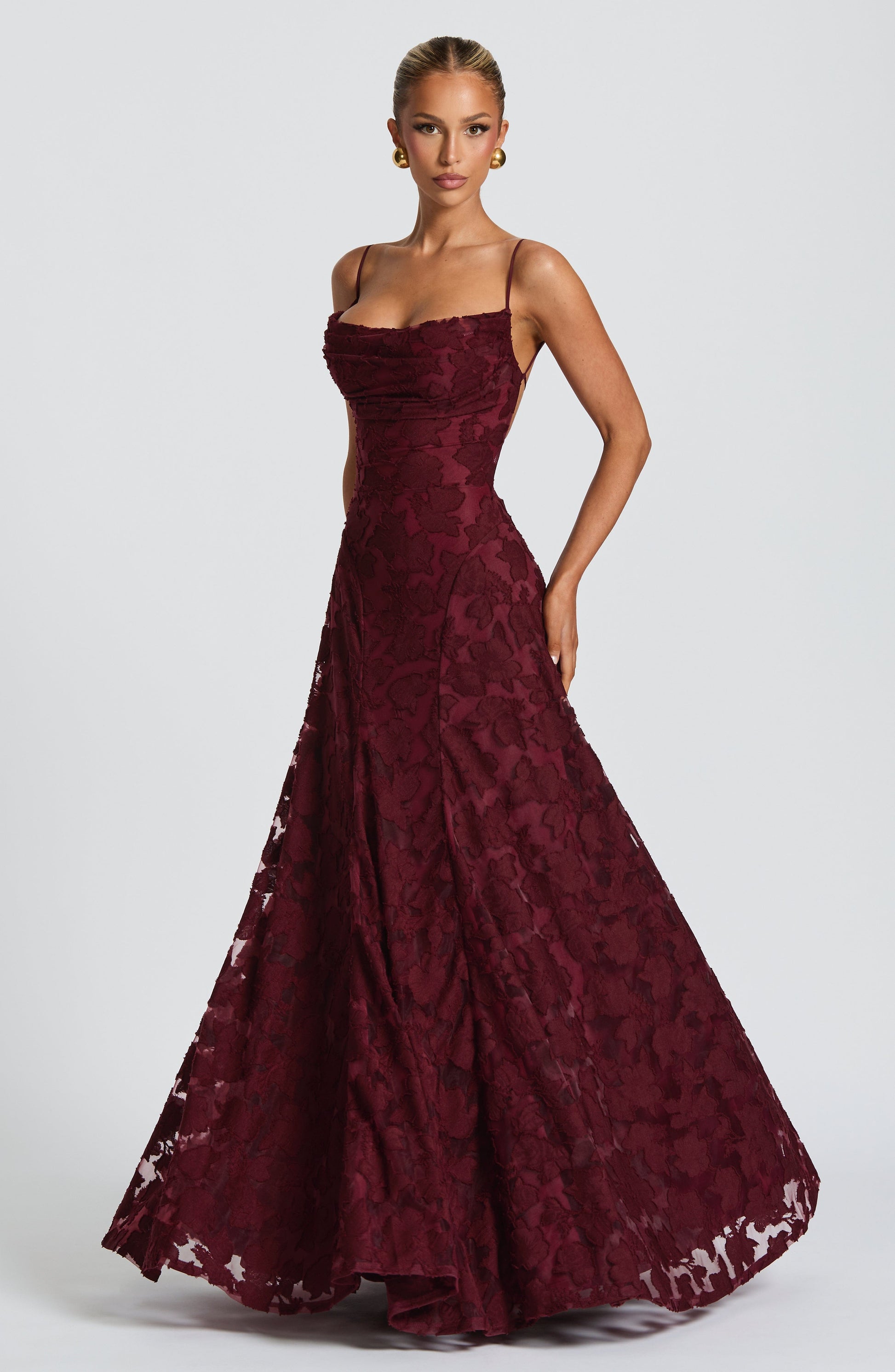 Floral Lace Maxi Dress – A-Line Spaghetti Strap Open Back Gown