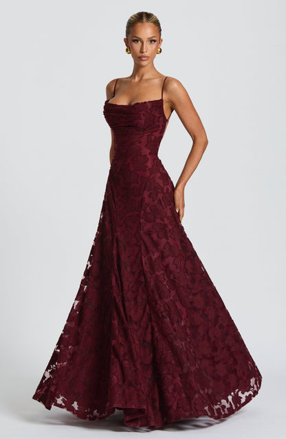 Floral Lace Maxi Dress – A-Line Spaghetti Strap Open Back Gown