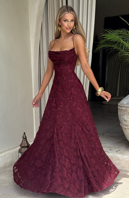 Floral Lace Maxi Dress – A-Line Spaghetti Strap Open Back Gown