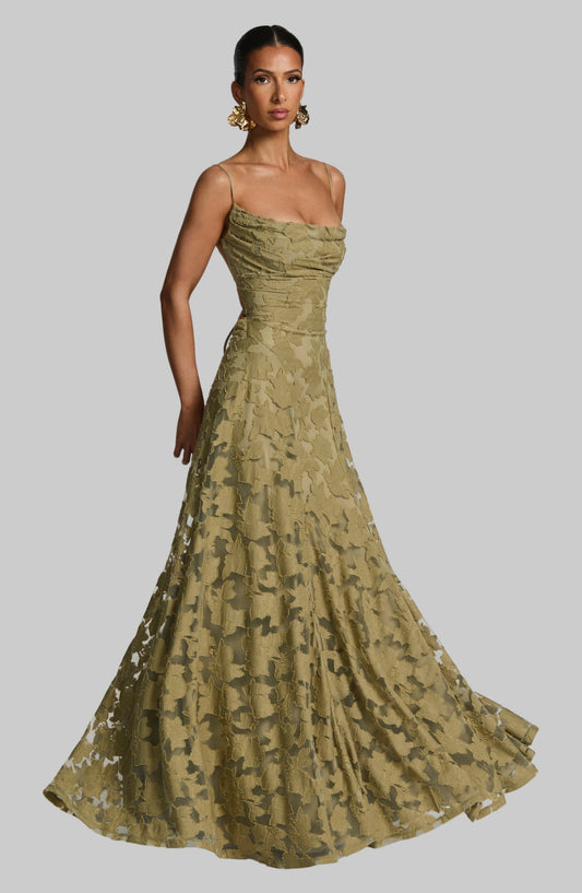 Floral Lace Maxi Dress – A-Line Spaghetti Strap Open Back Gown