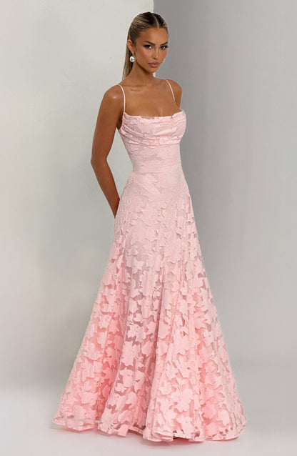 Floral Lace Maxi Dress – A-Line Spaghetti Strap Open Back Gown