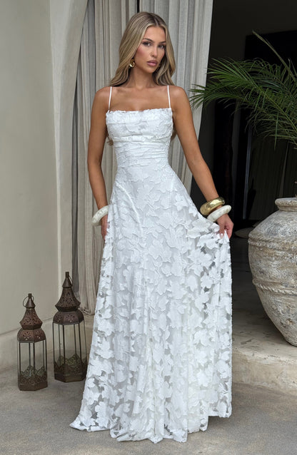 Floral Lace Maxi Dress – A-Line Spaghetti Strap Open Back Gown
