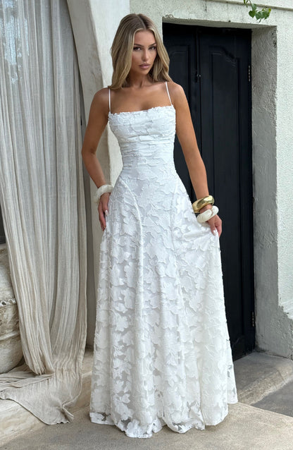 Floral Lace Maxi Dress – A-Line Spaghetti Strap Open Back Gown