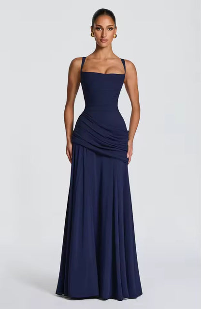 Ruched Maxi Dress – Sweetheart Neckline Cross Back Formal Gown