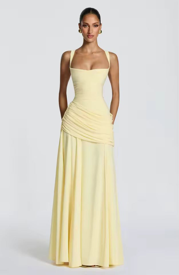Ruched Maxi Dress – Sweetheart Neckline Cross Back Formal Gown