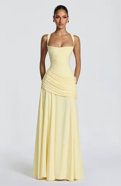 Ruched Maxi Dress – Sweetheart Neckline Cross Back Formal Gown