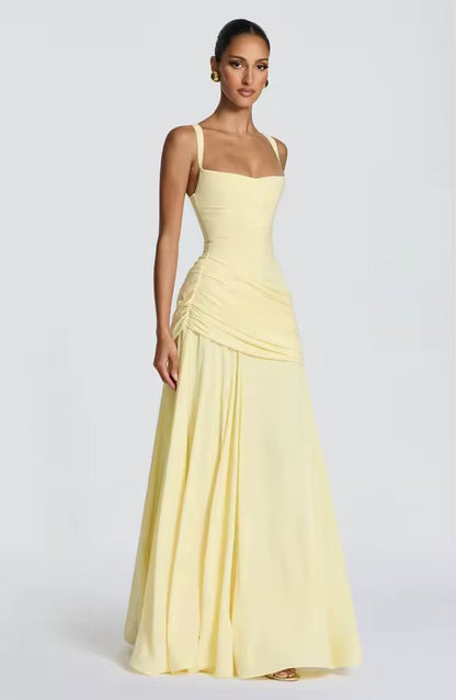 Ruched Maxi Dress – Sweetheart Neckline Cross Back Formal Gown