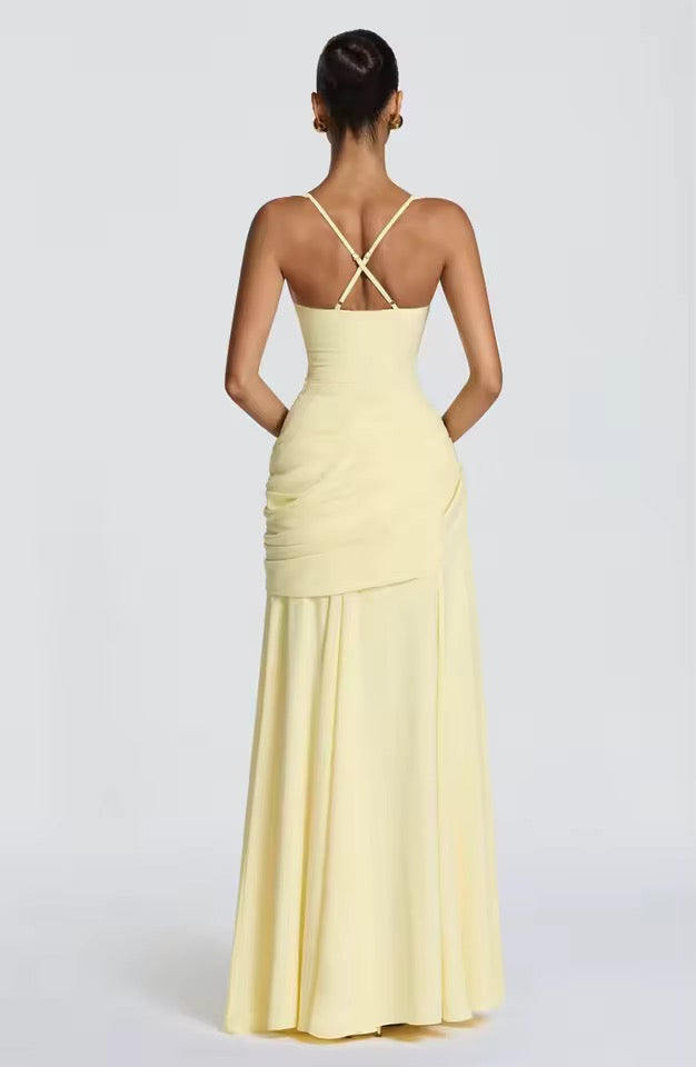 Ruched Maxi Dress – Sweetheart Neckline Cross Back Formal Gown