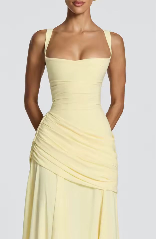 Ruched Maxi Dress – Sweetheart Neckline Cross Back Formal Gown