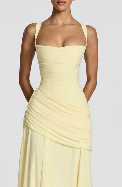 Ruched Maxi Dress – Sweetheart Neckline Cross Back Formal Gown
