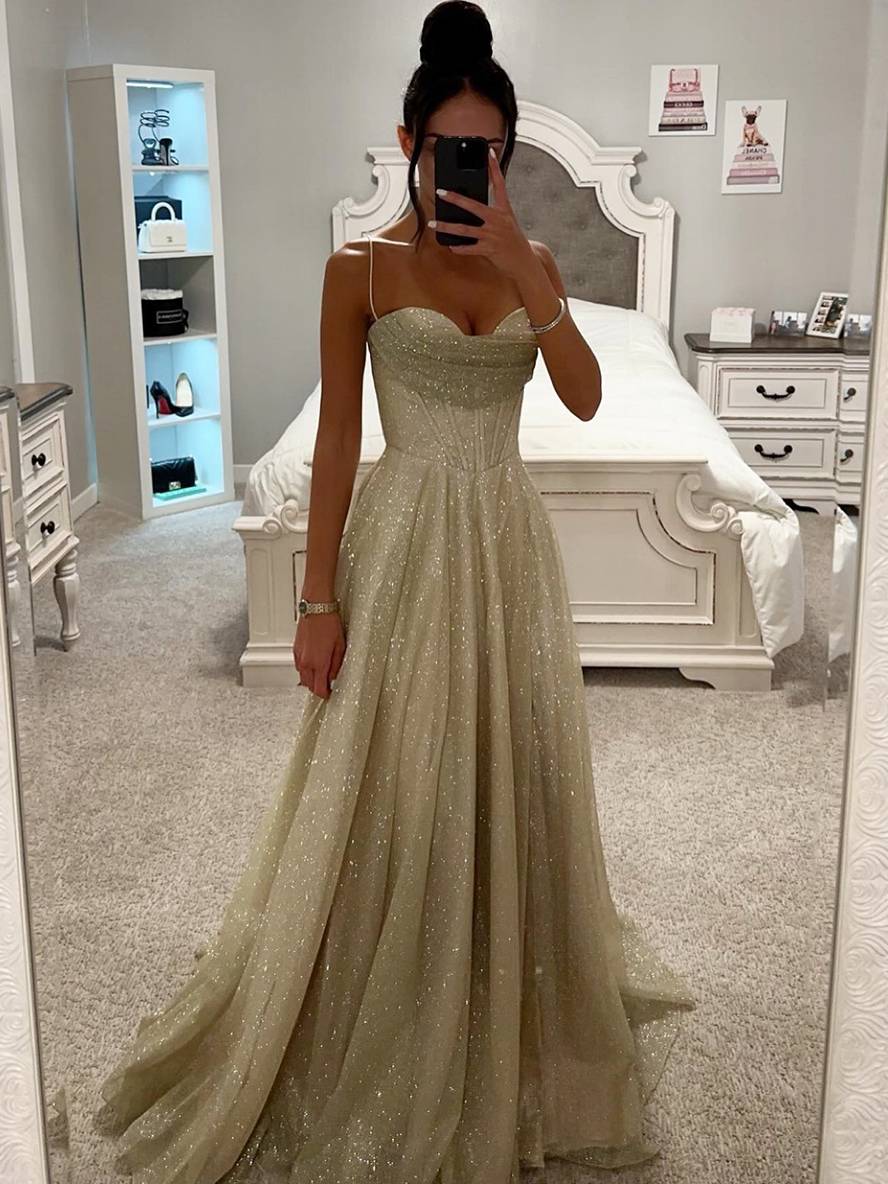 Glitter Tulle A-Line Prom Dress – Sweetheart Corset Spaghetti Strap Maxi