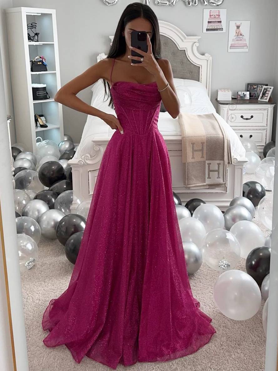 Glitter Tulle A-Line Prom Dress – Sweetheart Corset Spaghetti Strap Maxi