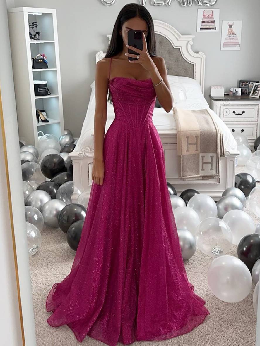 Glitter Tulle A-Line Prom Dress – Sweetheart Corset Spaghetti Strap Maxi