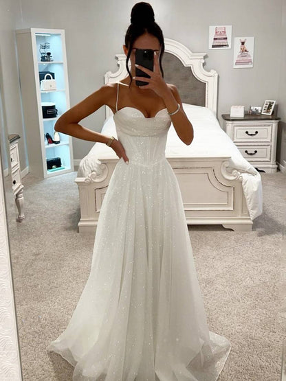 Glitter Tulle A-Line Prom Dress – Sweetheart Corset Spaghetti Strap Maxi