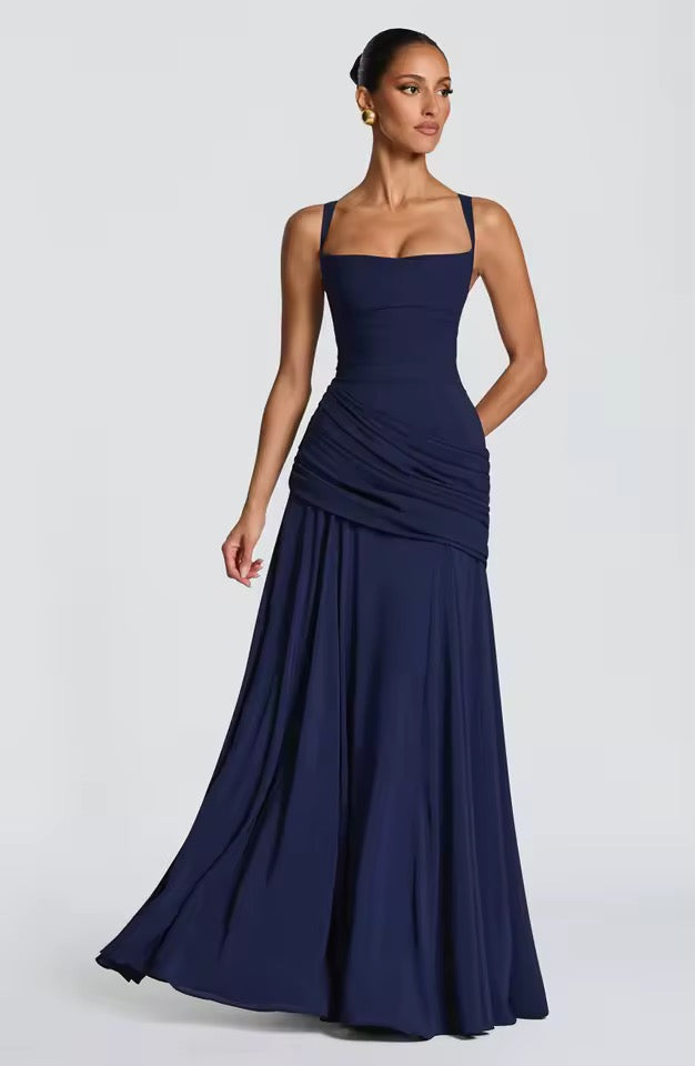 Ruched Maxi Dress – Sweetheart Neckline Cross Back Formal Gown