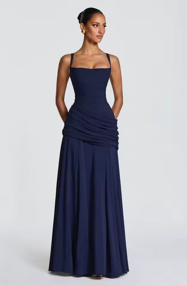 Ruched Maxi Dress – Sweetheart Neckline Cross Back Formal Gown