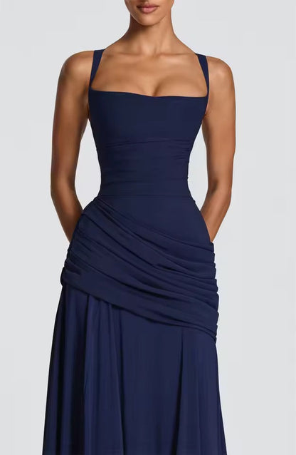 Ruched Maxi Dress – Sweetheart Neckline Cross Back Formal Gown