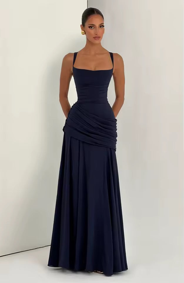 Ruched Maxi Dress – Sweetheart Neckline Cross Back Formal Gown