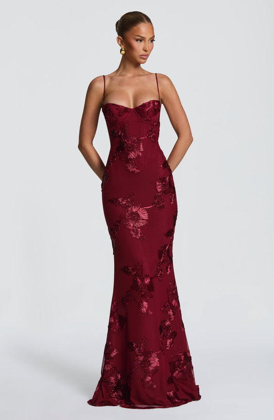 Floral Applique Corset Maxi Dress – Mermaid Lace-Up Open Back Gown