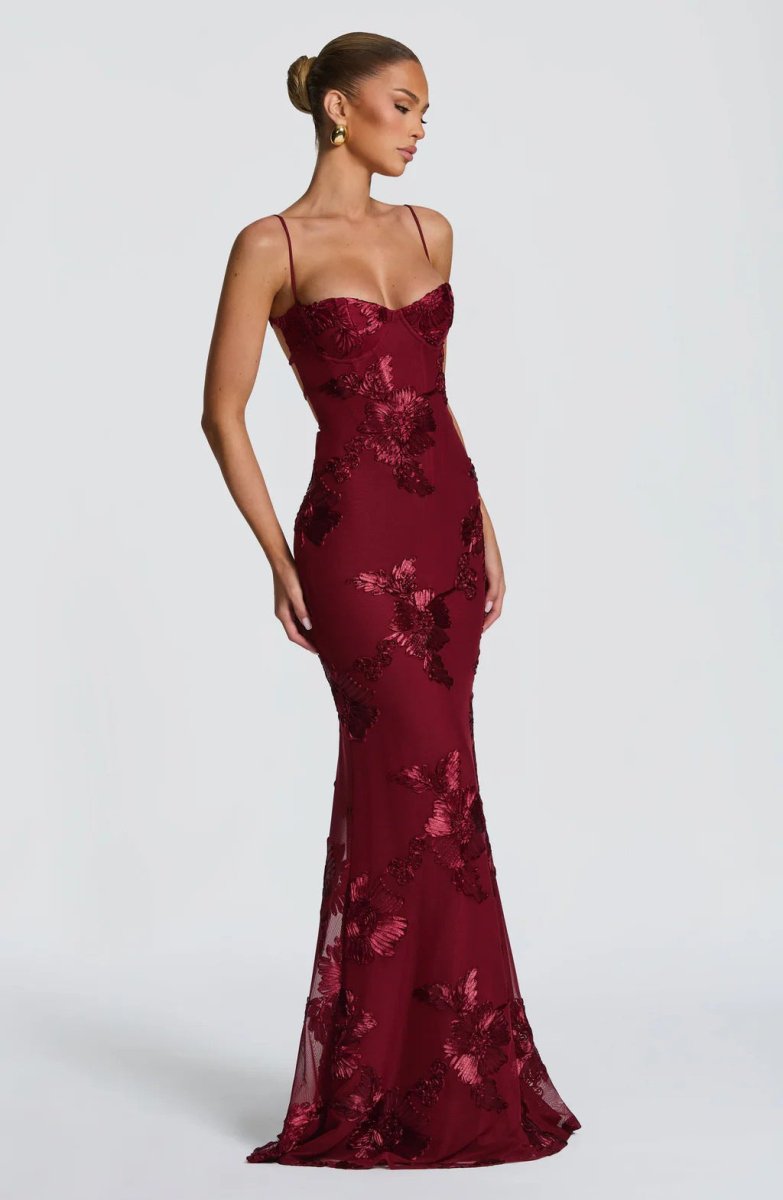 Floral Applique Corset Maxi Dress – Mermaid Lace-Up Open Back Gown