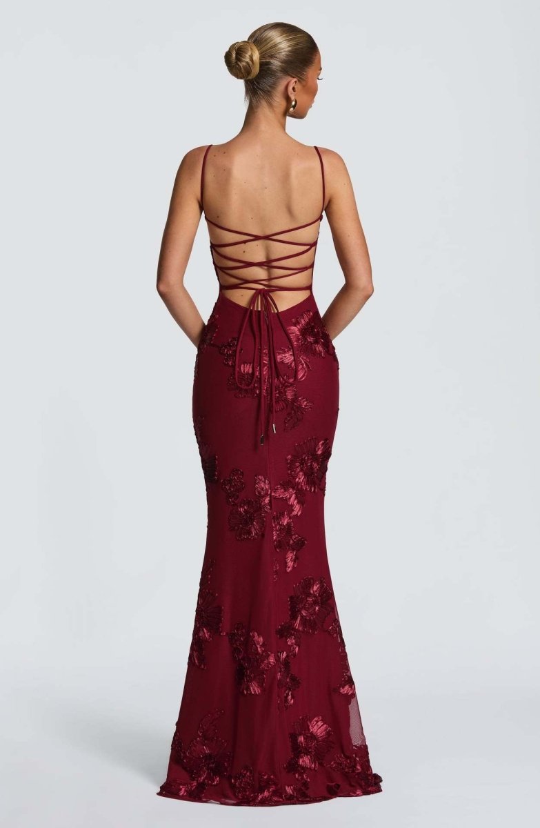 Floral Applique Corset Maxi Dress – Mermaid Lace-Up Open Back Gown