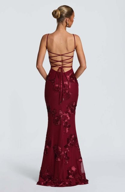 Floral Applique Corset Maxi Dress – Mermaid Lace-Up Open Back Gown