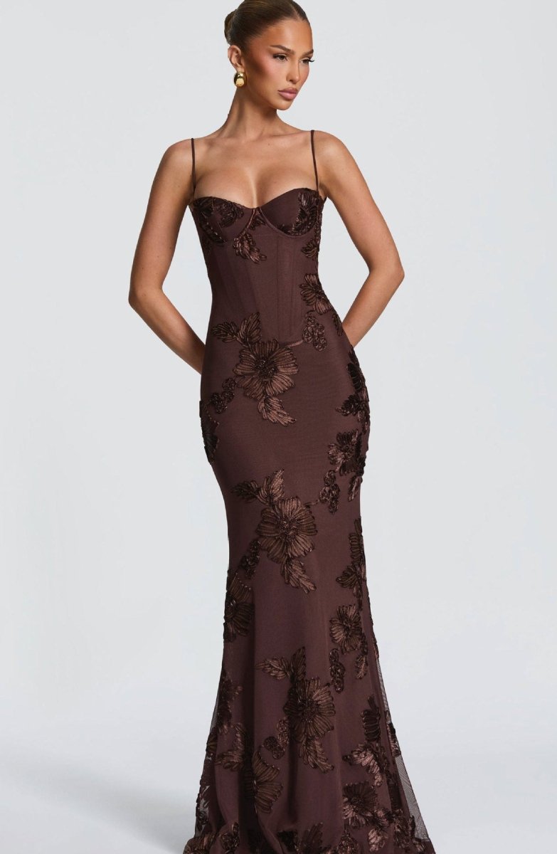 Floral Applique Corset Maxi Dress – Mermaid Lace-Up Open Back Gown