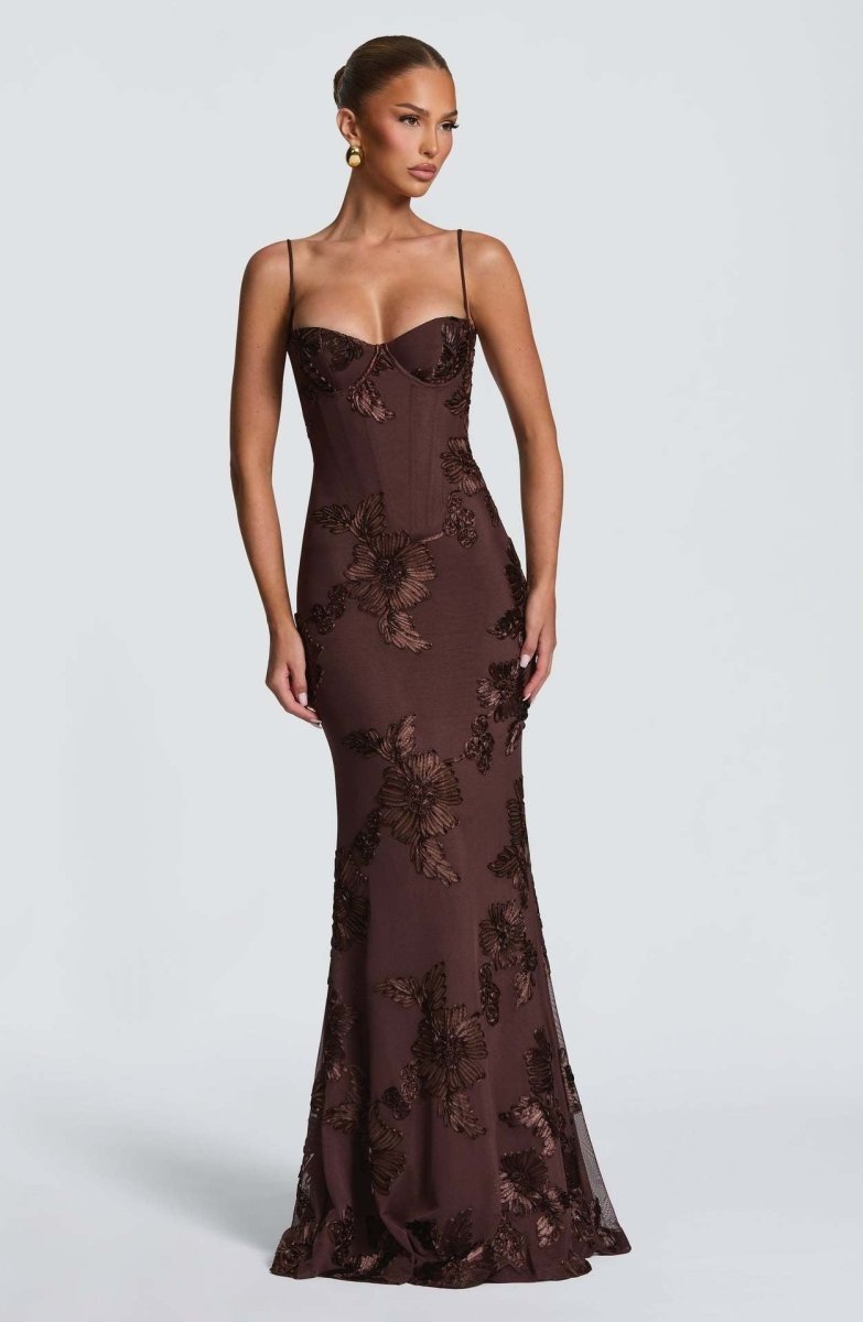 Floral Applique Corset Maxi Dress – Mermaid Lace-Up Open Back Gown