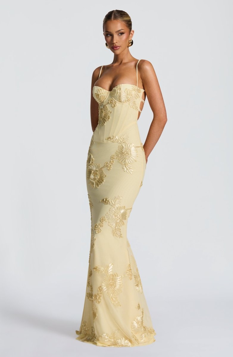 Floral Applique Corset Maxi Dress – Mermaid Lace-Up Open Back Gown