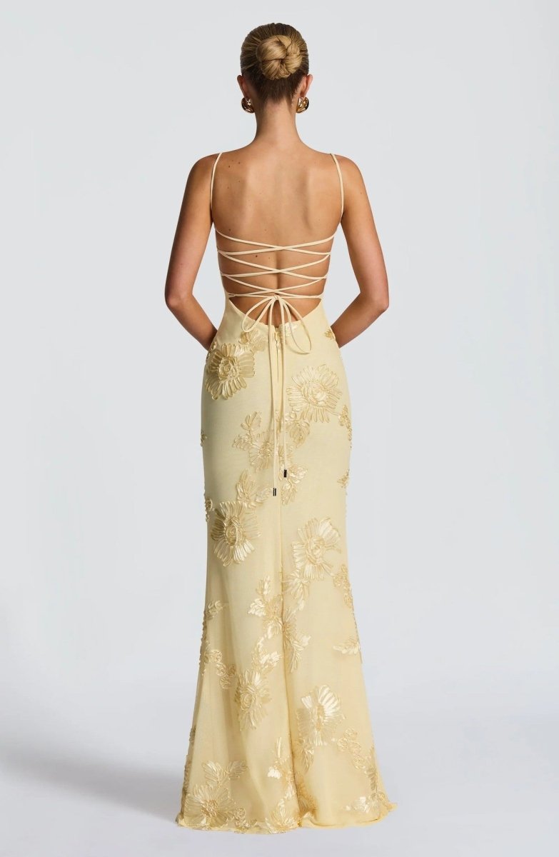 Floral Applique Corset Maxi Dress – Mermaid Lace-Up Open Back Gown