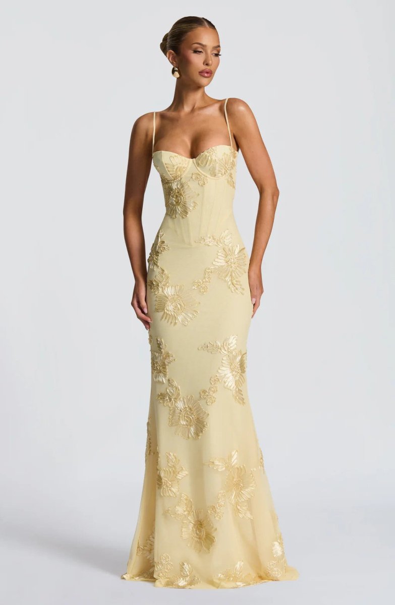Floral Applique Corset Maxi Dress – Mermaid Lace-Up Open Back Gown