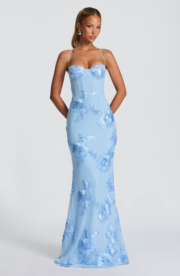Floral Applique Corset Maxi Dress – Mermaid Lace-Up Open Back Gown