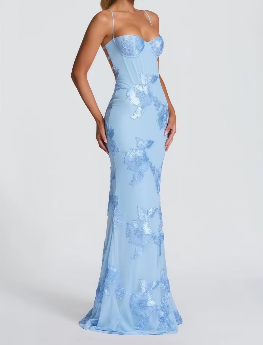 Floral Applique Corset Maxi Dress – Mermaid Lace-Up Open Back Gown