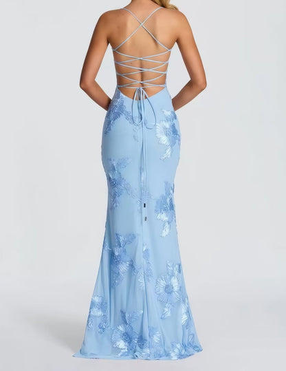 Floral Applique Corset Maxi Dress – Mermaid Lace-Up Open Back Gown