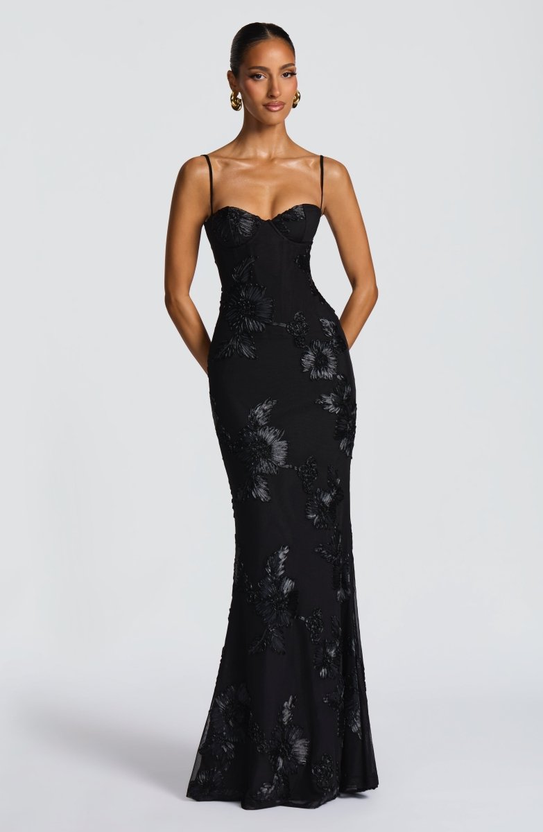 Floral Applique Corset Maxi Dress – Mermaid Lace-Up Open Back Gown