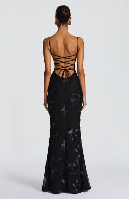 Floral Applique Corset Maxi Dress – Mermaid Lace-Up Open Back Gown