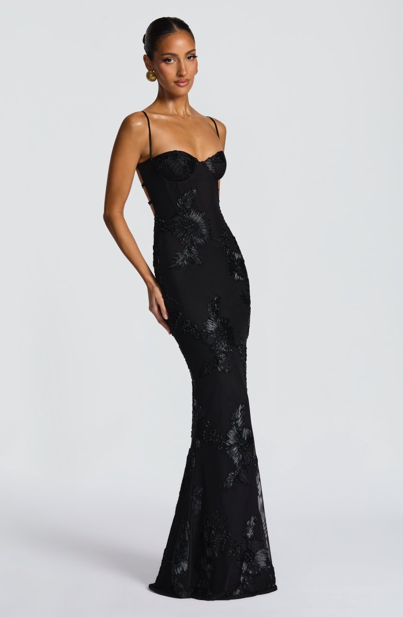 Floral Applique Corset Maxi Dress – Mermaid Lace-Up Open Back Gown