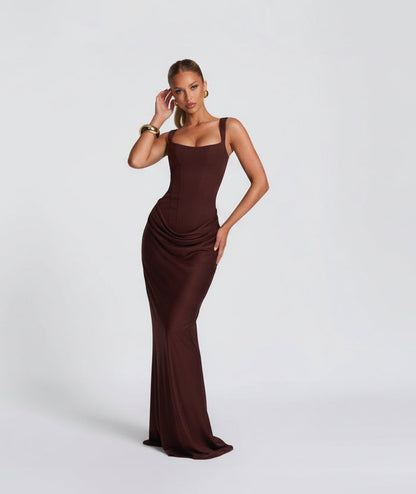 Corset Bodice Draped Maxi Dress – Sleeveless Formal Gown