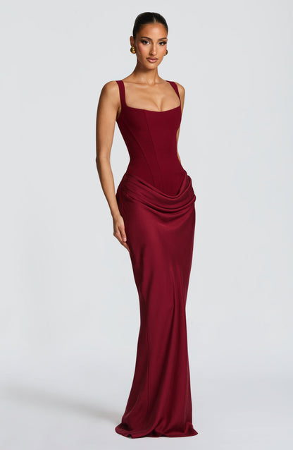 Corset Bodice Draped Maxi Dress – Sleeveless Formal Gown