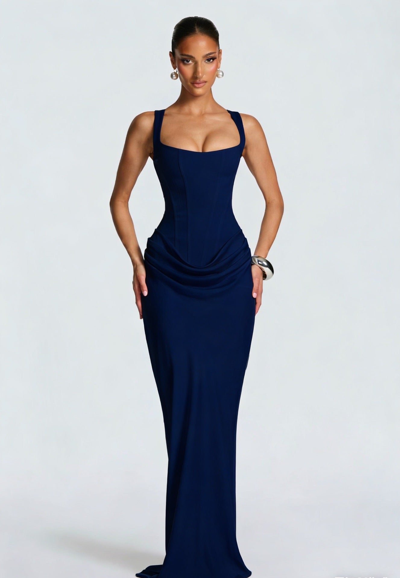 Corset Bodice Draped Maxi Dress – Sleeveless Formal Gown
