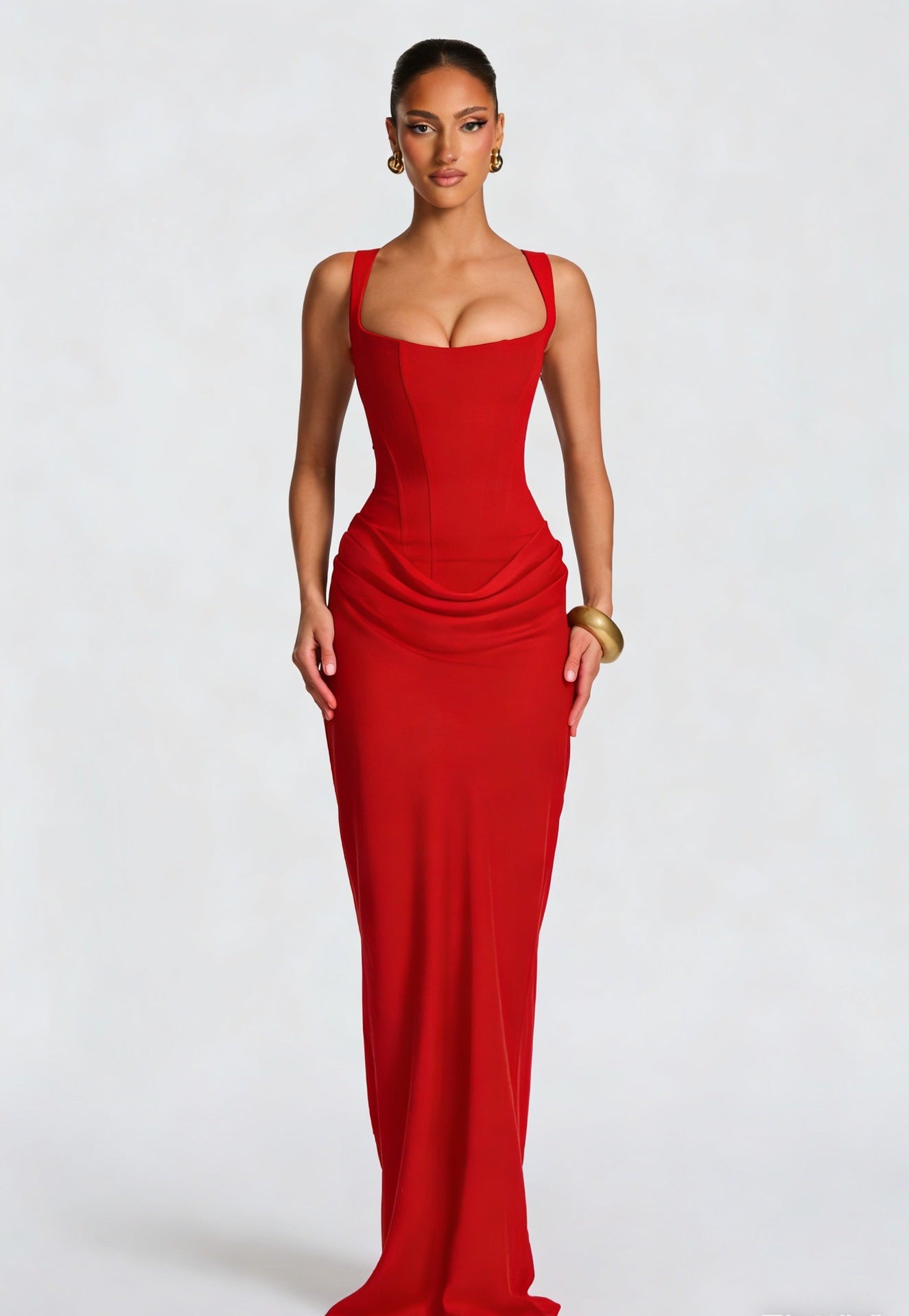 Corset Bodice Draped Maxi Dress – Sleeveless Formal Gown
