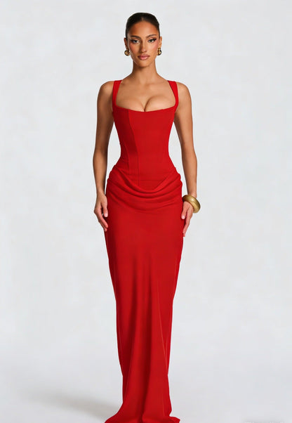 Corset Bodice Draped Maxi Dress – Sleeveless Formal Gown