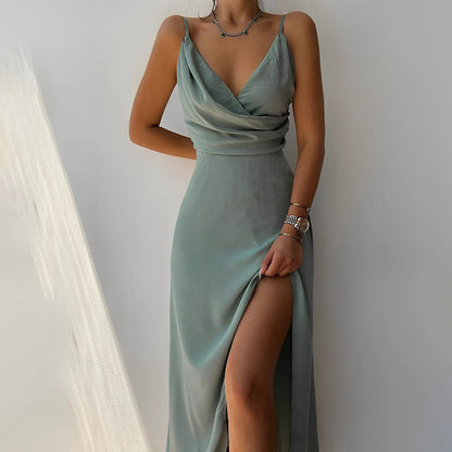 Draped V-Neck Maxi Dress – Spaghetti Strap High Slit Evening