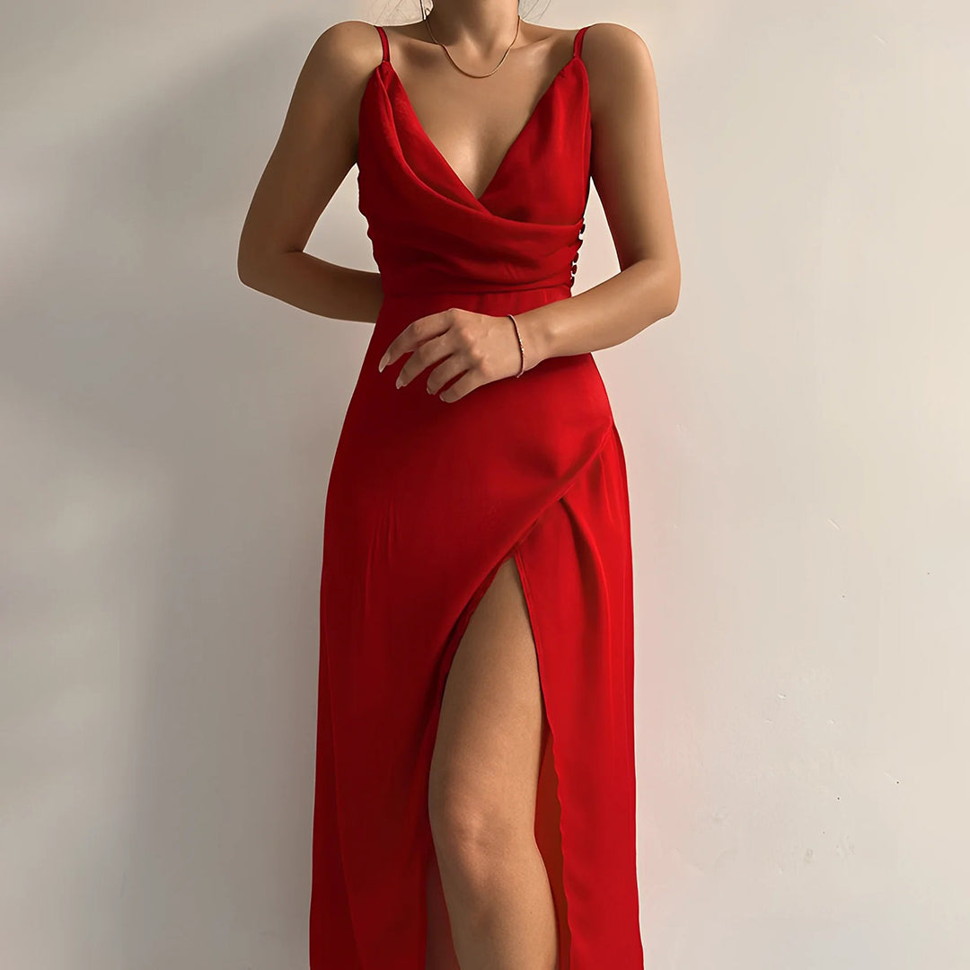 Draped V-Neck Maxi Dress – Spaghetti Strap High Slit Evening