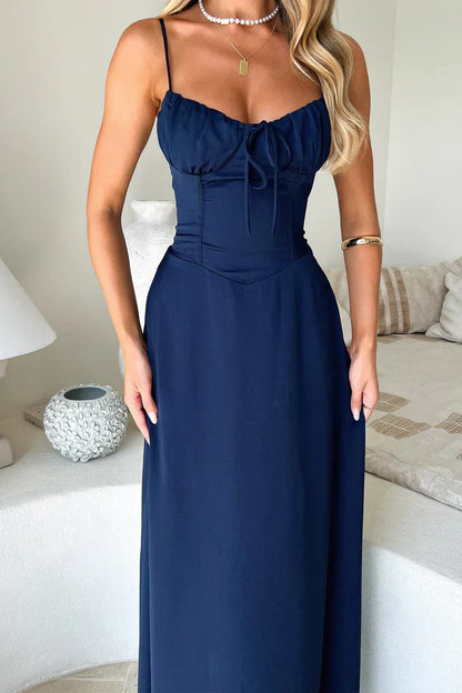 Ruched Corset Maxi Dress – Spaghetti Strap A-Line Wedding Guest
