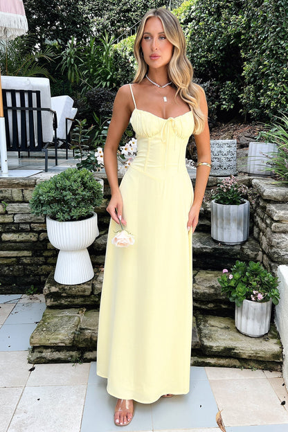 Ruched Corset Maxi Dress – Spaghetti Strap A-Line Wedding Guest