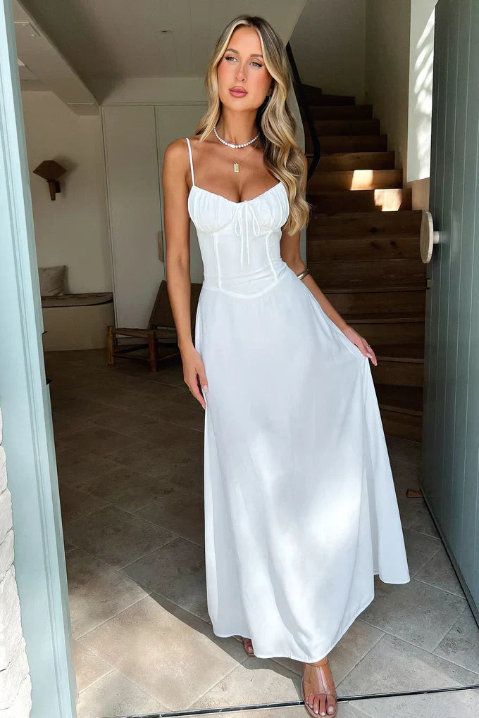 Ruched Corset Maxi Dress – Spaghetti Strap A-Line Wedding Guest
