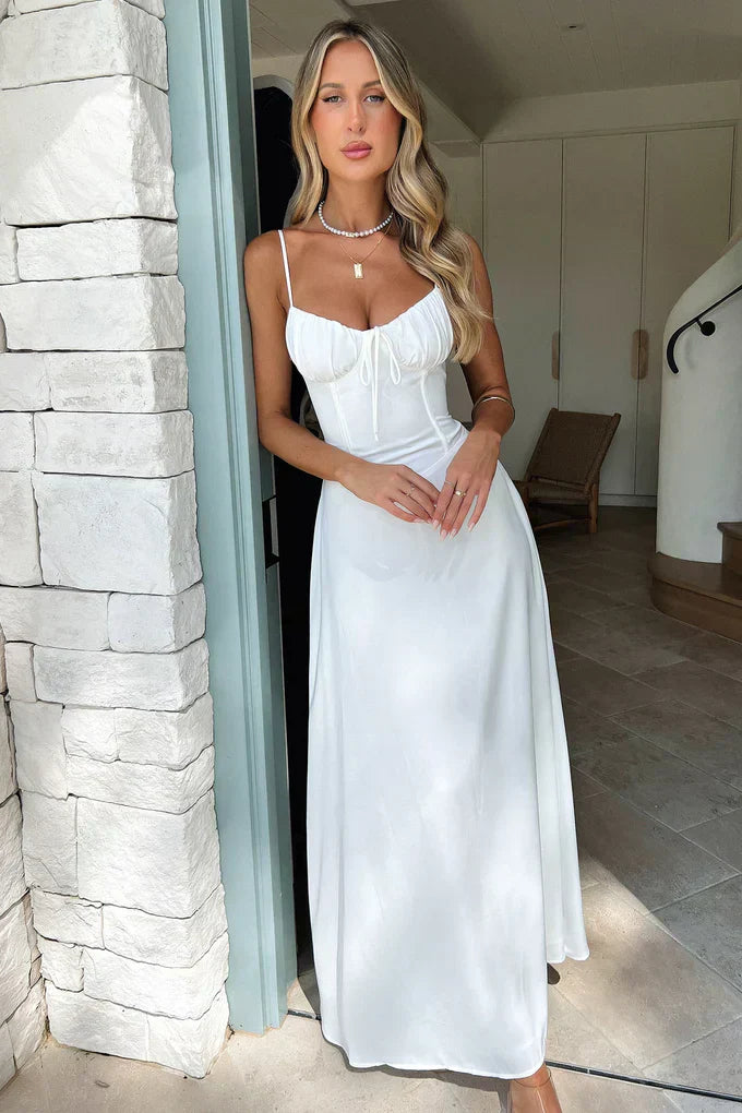 Ruched Corset Maxi Dress – Spaghetti Strap A-Line Wedding Guest