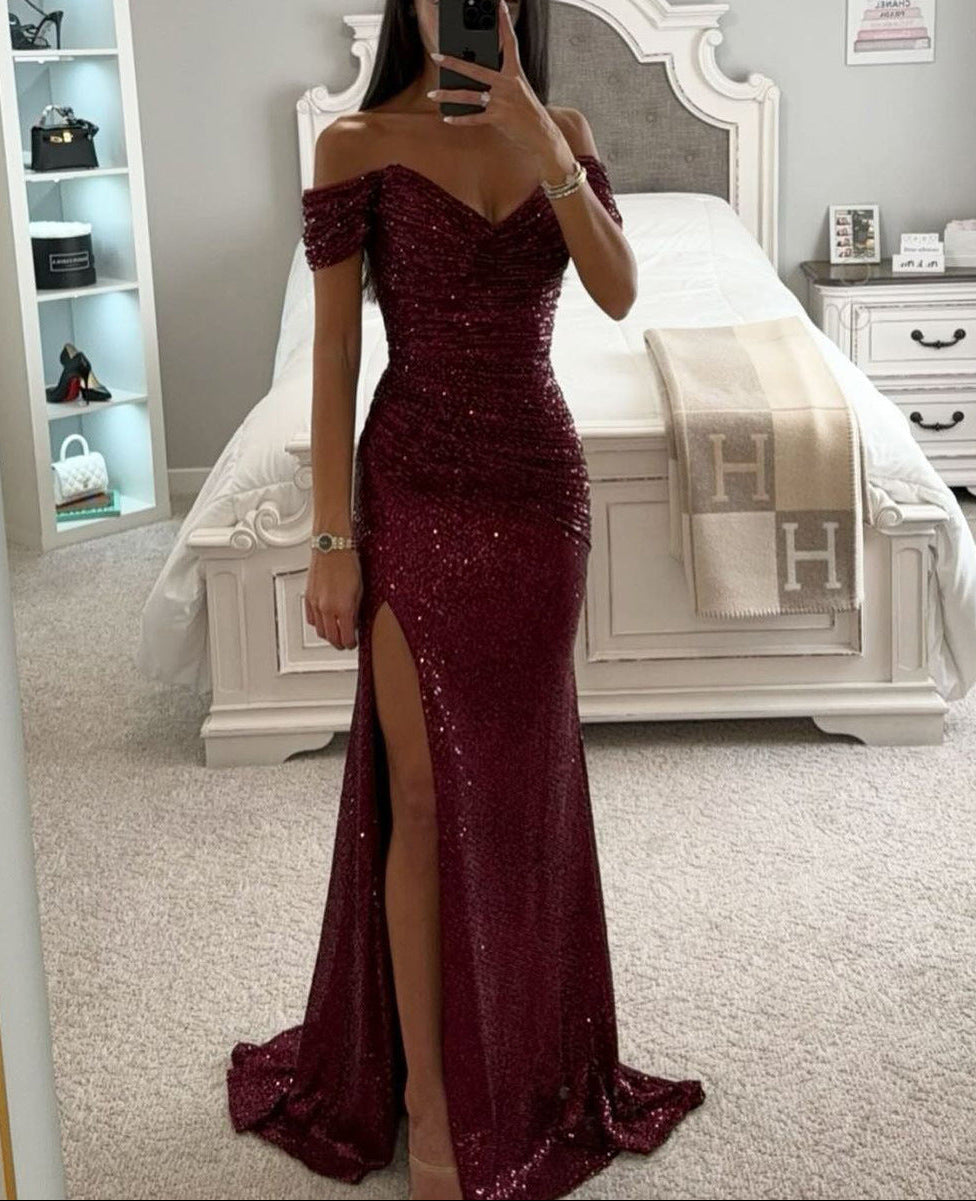 Sequin Off-Shoulder Maxi Dress – Ruched Bodycon Gown with High Slit